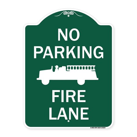 Signmission No Parking Fire Lane W/ Graphic, Green & White Aluminum Architectural Sign, 18" x 24", GW-1824-23624 A-DES-GW-1824-23624